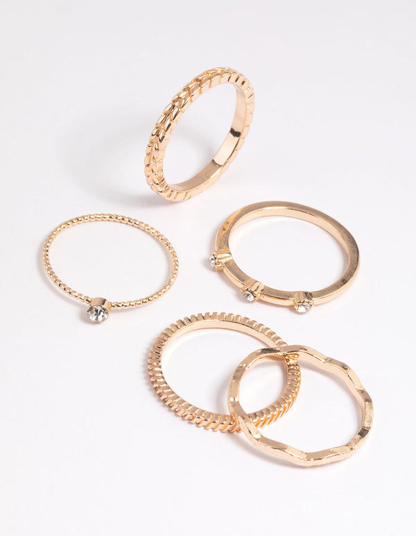 Gold Textured Diamante Ring Stack Pack