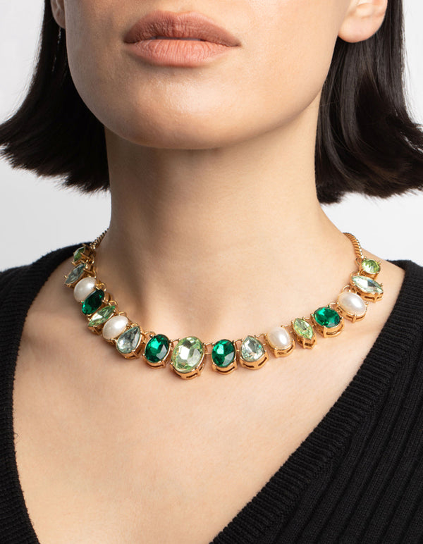 Green Stone and Pearl Collar Necklace