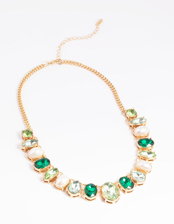 Green Stone and Pearl Collar Necklace