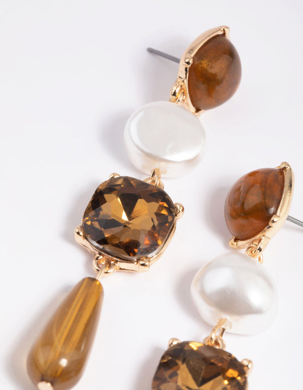 Brown Pearl and Diamante Mixed Drop Earrings