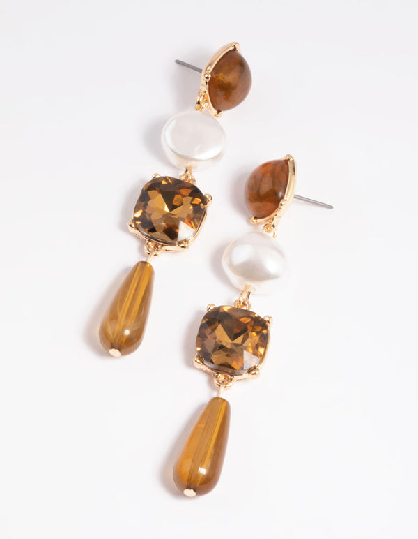 Brown Pearl and Diamante Mixed Drop Earrings