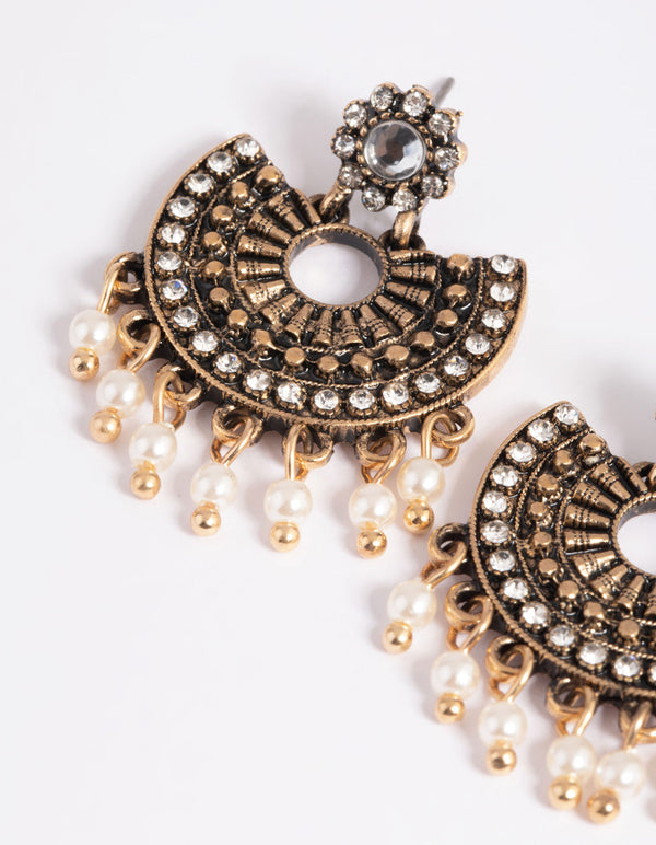 Antique Gold Diamante and Pearl Vintage Drop Earrings