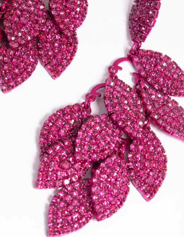 Pink Diamante Leaf Drop Earrings