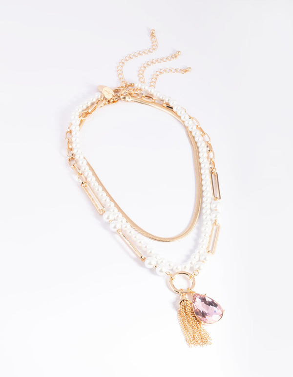 Blush Tassel and Pearl Layered Necklace