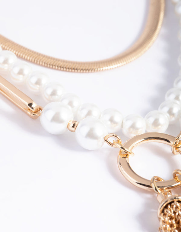 Blush Tassel and Pearl Layered Necklace
