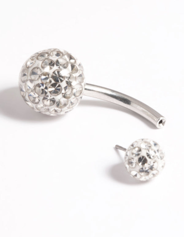 Platinum Plated Titanium Threadless Crystal Pave Belly Bar