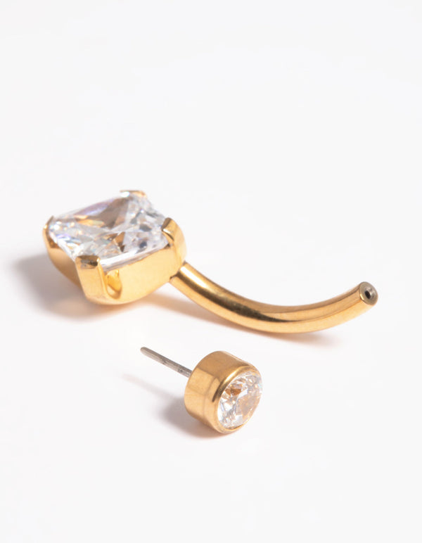 Gold Plated Titanium Threadless Cubic Zirconia Belly Bar