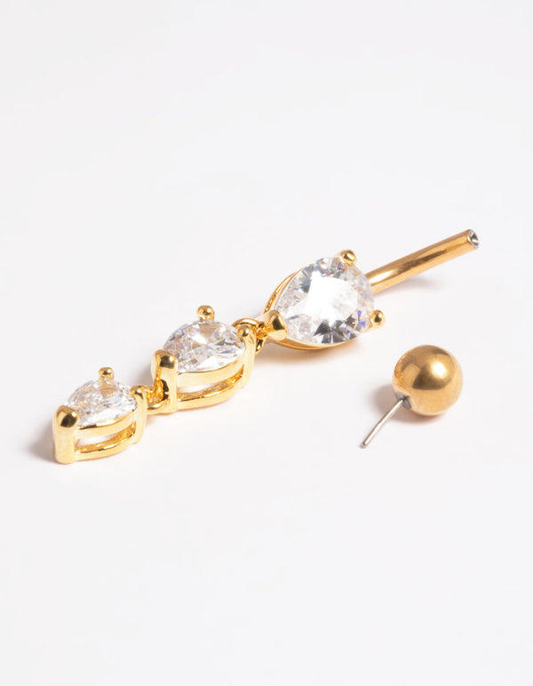 Gold Plated Titanium Threadless Crystal Pear Belly Bar
