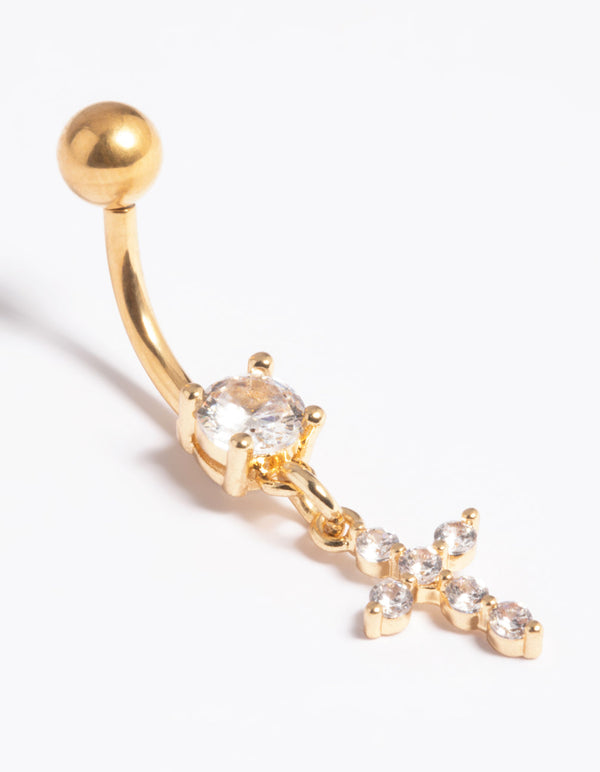 Gold Plated Titanium Threadless Cubic Zirconia Cross Belly Bar