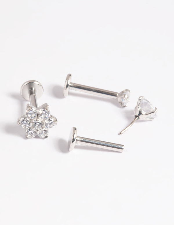 Platinum Plated Titanium Threadless Cubic Zirconia Flower Flat Back Pack