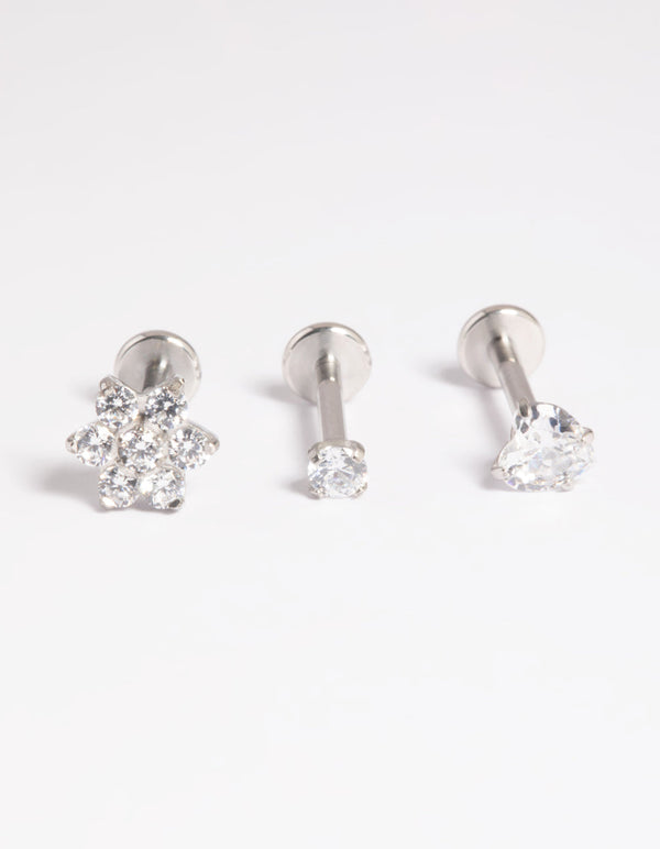 Platinum Plated Titanium Threadless Cubic Zirconia Flower Flat Back Pack
