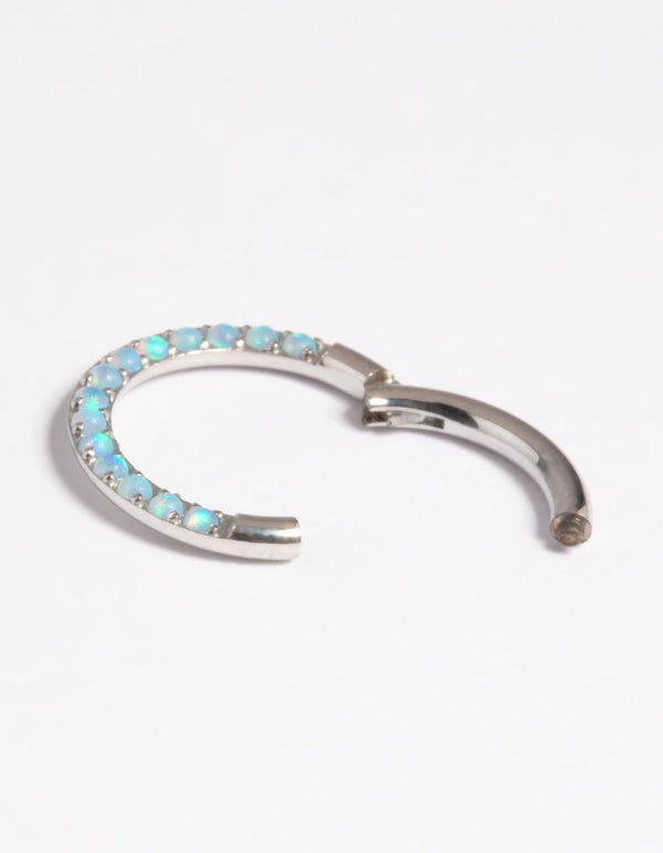 Platinum Plated Titanium Blue Opal Clicker Ring