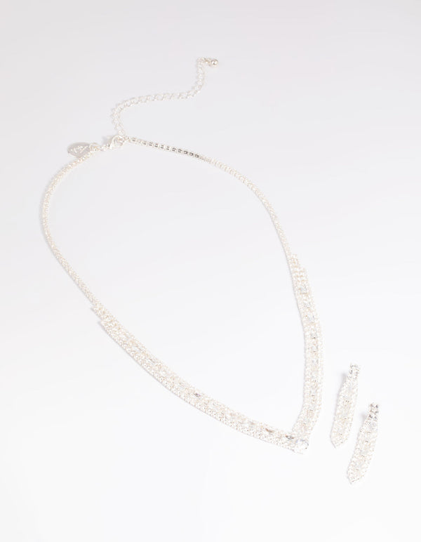 Silver Cubic Zirconia Statement Necklace and Earrings Set