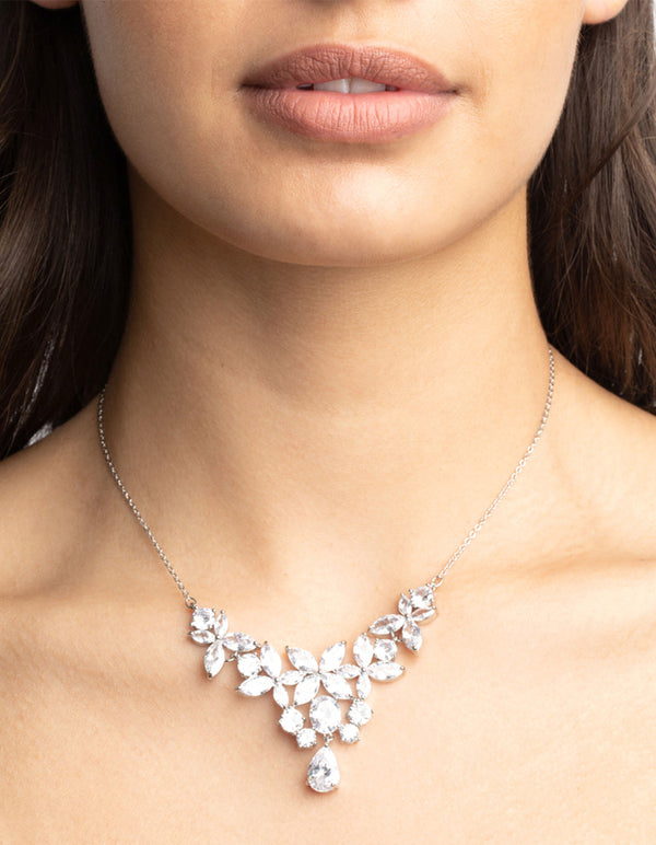 Rhodium Cubic Zirconia Floral Necklace