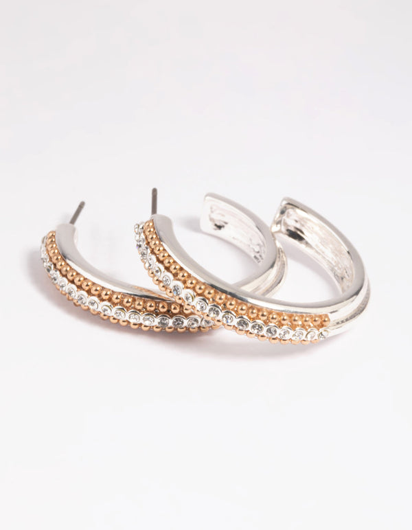 Mixed Metal Diamante Textured Hoop Earrings