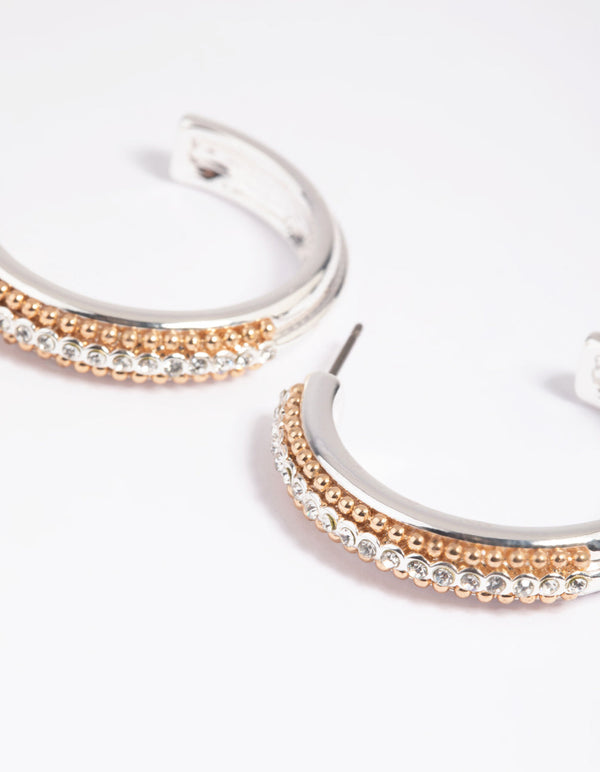 Mixed Metal Diamante Textured Hoop Earrings