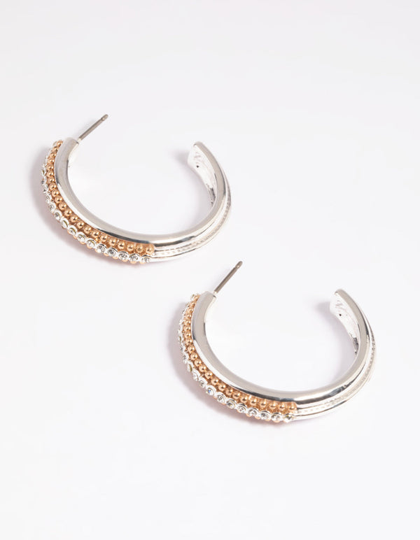 Mixed Metal Diamante Textured Hoop Earrings