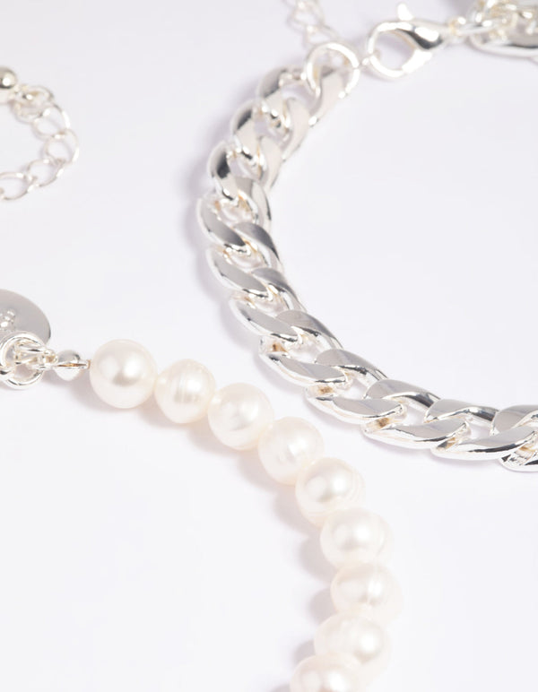 Silver Freshwater Pearl Bracelet Set