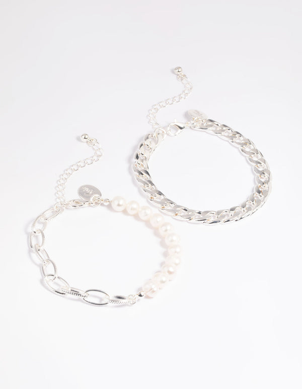 Silver Freshwater Pearl Bracelet Set