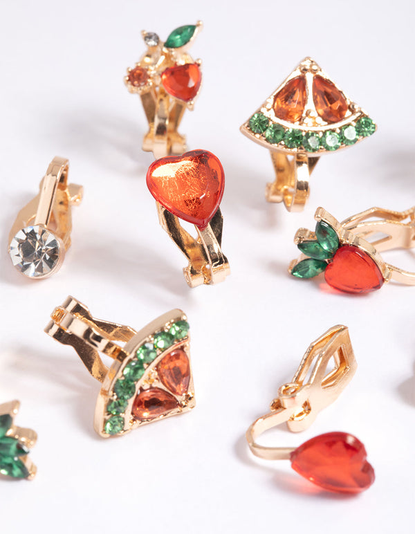 Kids Diamante Fruit Clip On Earring Pack