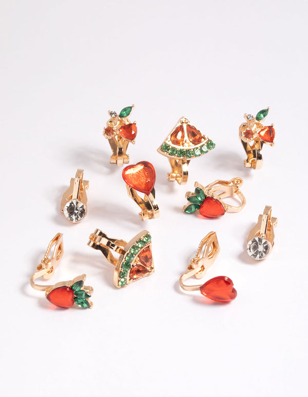 Kids Diamante Fruit Clip On Earring Pack