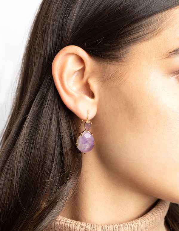 Gold Plated Semi Precious Stone Oval Drop Earrings