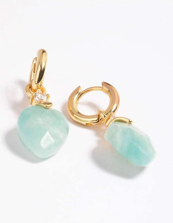 Gold Plated Cubic Zirconia and Amazonite Huggie Hoop Earrings