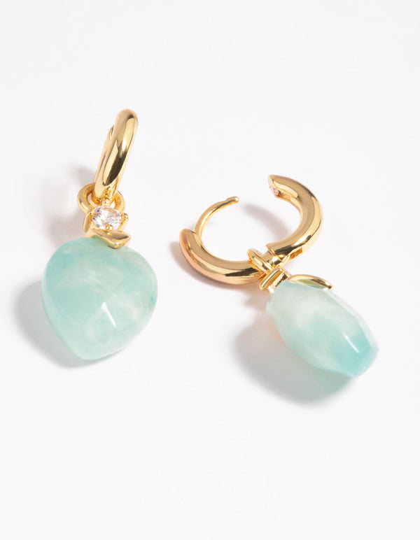 Gold Plated Cubic Zirconia and Amazonite Huggie Hoop Earrings