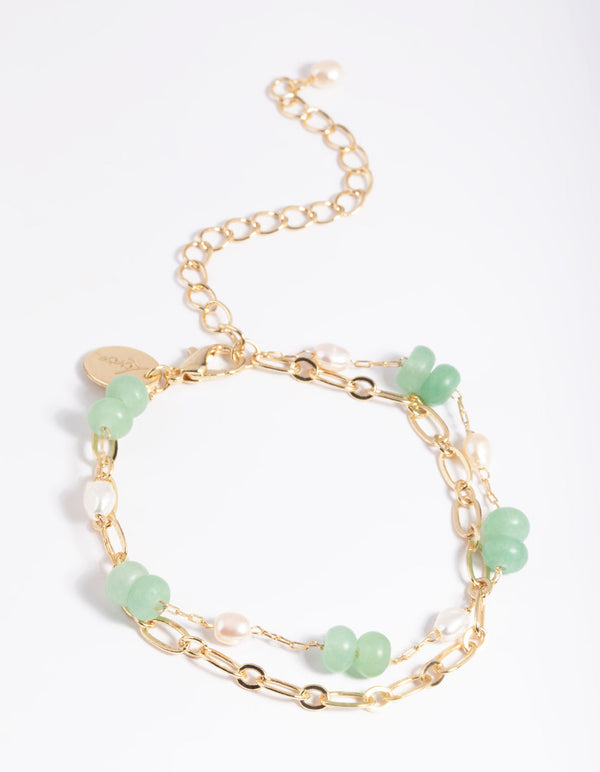 Gold Plated Green Aventurine and Freshwater Pearl Bracelet