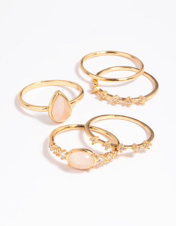 Gold Plated Rose Quartz and Cubic Zirconia Ring Stack Pack