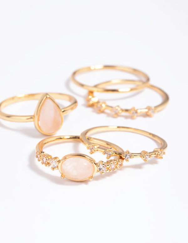 Gold Plated Rose Quartz and Cubic Zirconia Ring Stack Pack