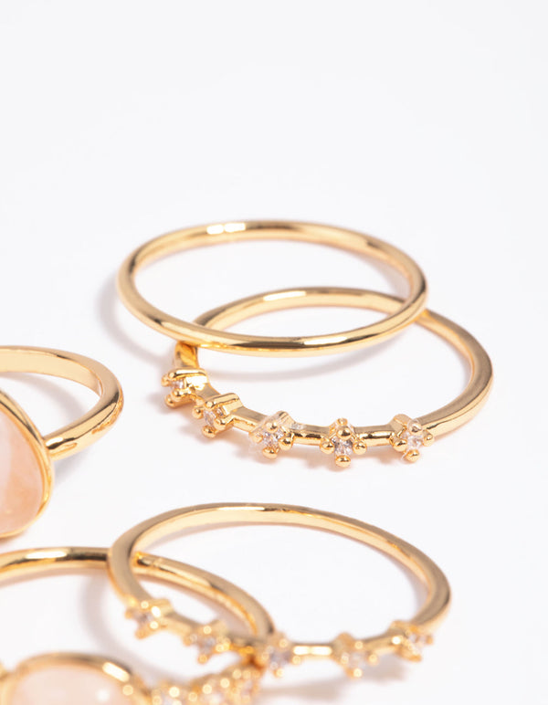 Gold Plated Rose Quartz and Cubic Zirconia Ring Stack Pack