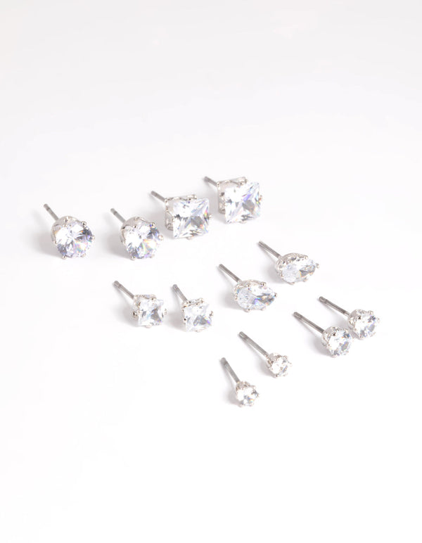Rhodium Diamond Simulant Stud Earring Pack
