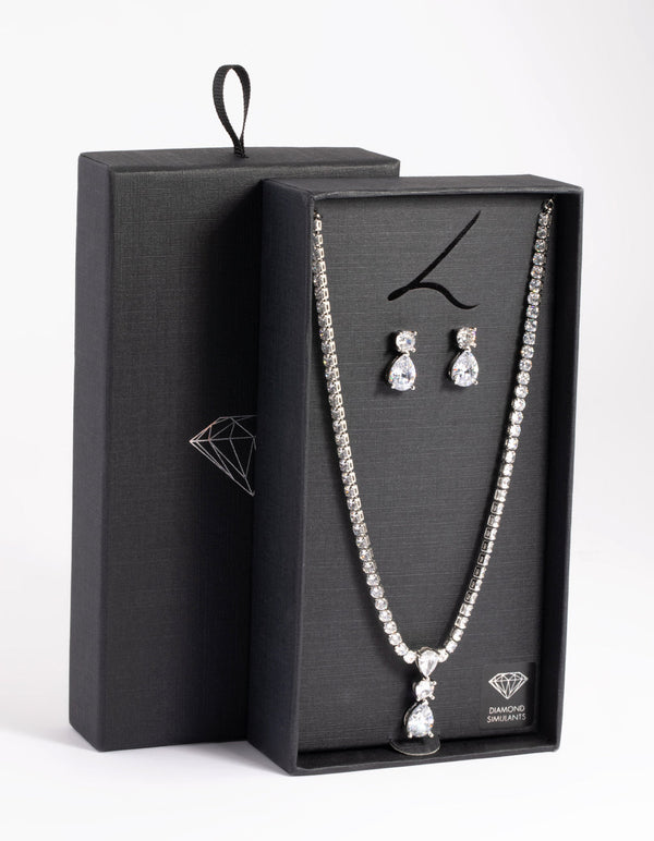 Rhodium Diamond Simulant Necklace and Earrings Set