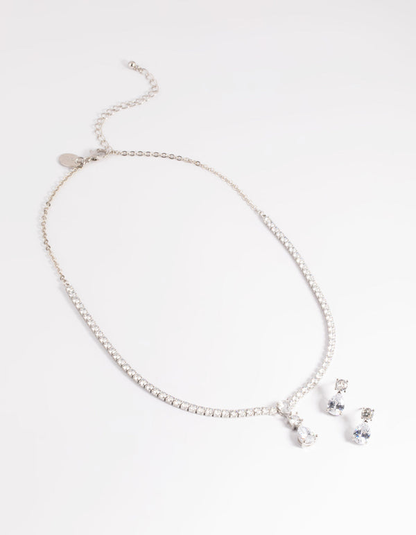Rhodium Diamond Simulant Necklace and Earrings Set