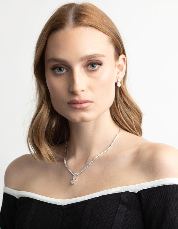 Rhodium Diamond Simulant Necklace and Earrings Set