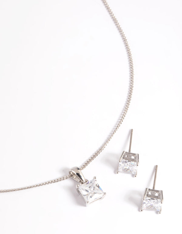 Rhodium Diamond Simulant Square Necklace and Earrings Set