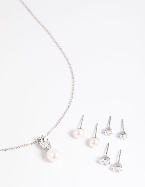 Rhodium Diamond Simulant Freshwater Pearl Necklace and Earrings Set