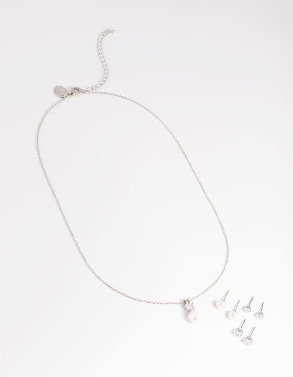 Rhodium Diamond Simulant Freshwater Pearl Necklace and Earrings Set