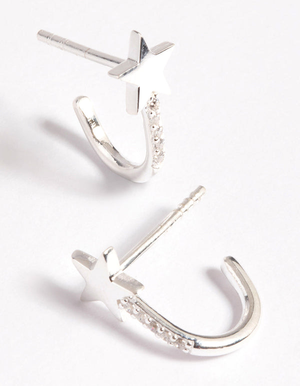 Sterling Silver Cubic Zirconia Star Huggie Hoop Earrings