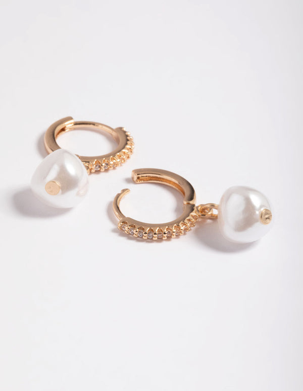Gold Cubic Zirconia Freshwater Pearl Huggie Hoop Earrings