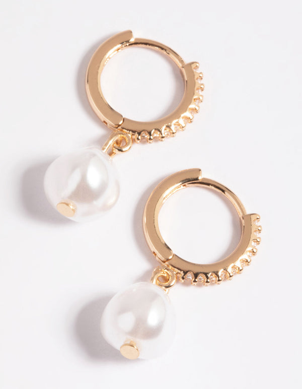 Gold Cubic Zirconia Freshwater Pearl Huggie Hoop Earrings