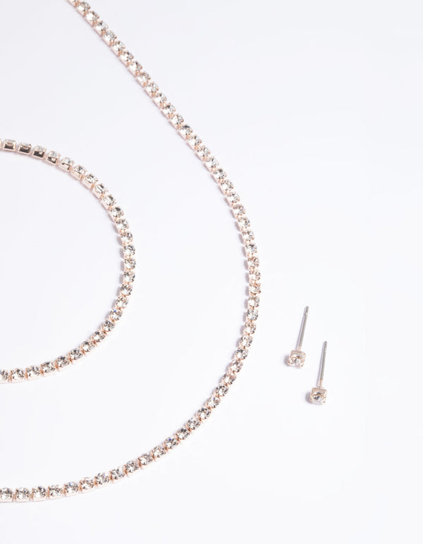 Rose Gold Diamante Necklace Bracelet and Earrings Set