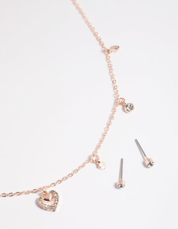 Rose Gold Heart Droplet Necklace and Earrings Set