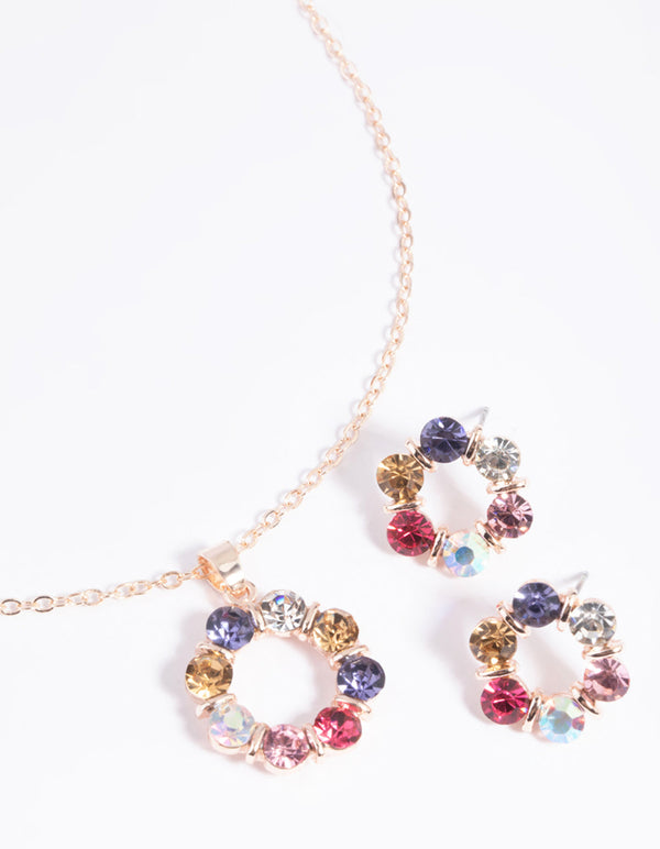 Rose Gold Circle Stone Necklace and Earrings Set