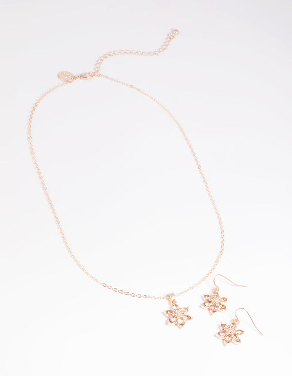 Pink Diamante Flower Necklace and Earrings Set