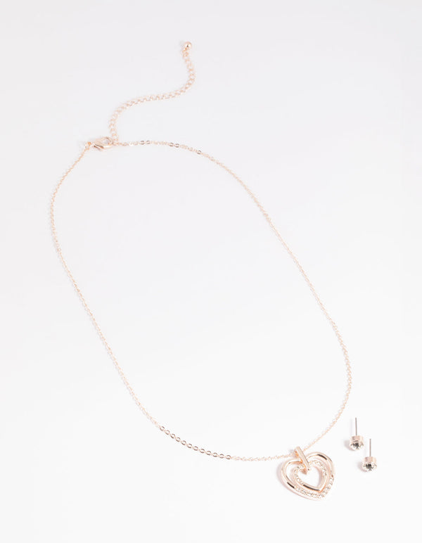 Rose Gold Heart Necklace and Earrings Set