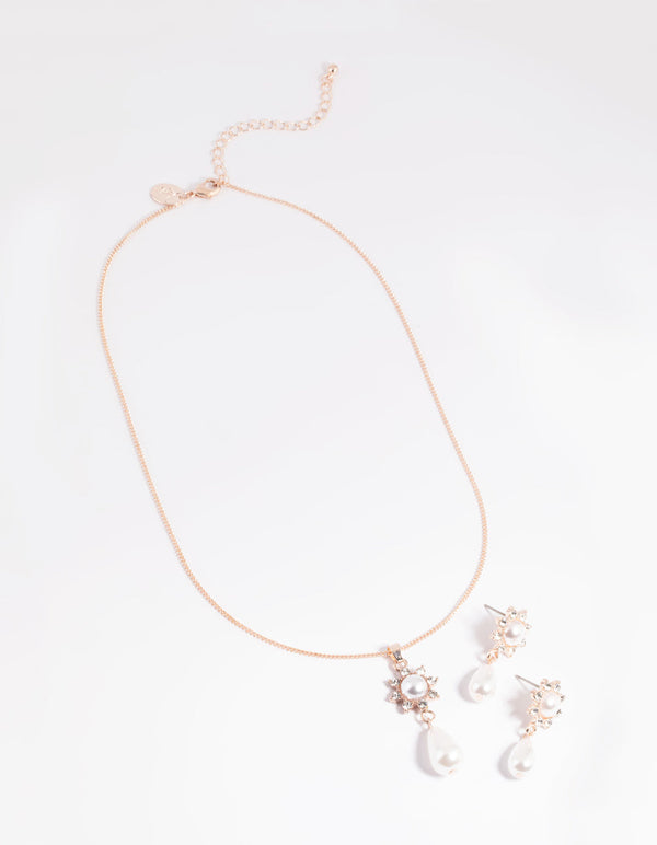 Rose Gold Pearl Flower Necklace and Earrings Set