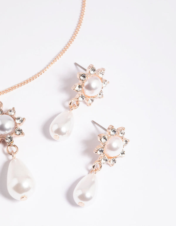 Rose Gold Pearl Flower Necklace and Earrings Set
