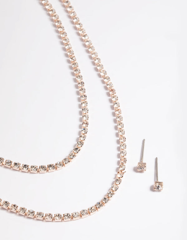 Rose Gold Diamante Layered Necklace and Earrings Set